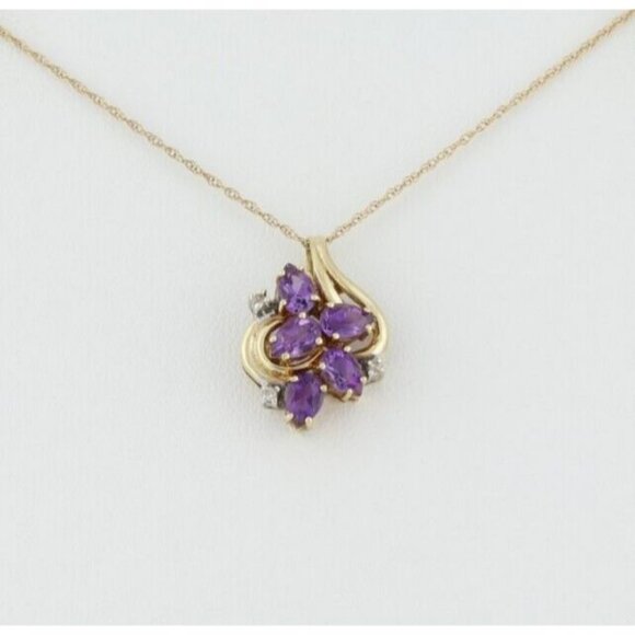 10k Yellow Gold Natural Amethyst & Diamond Necklace 18" Chain - Picture 1 of 7